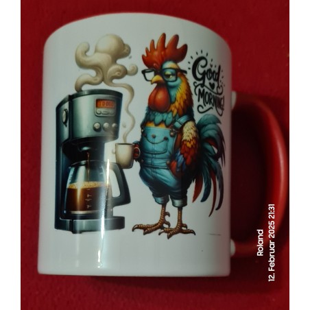 Keramiktasse mit Aufdruck "Good Morning Hahn"