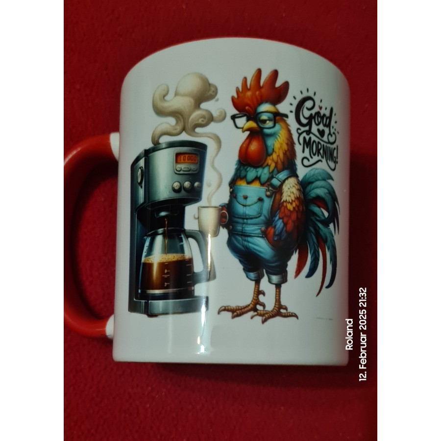 Keramiktasse mit Aufdruck "Good Morning Hahn"