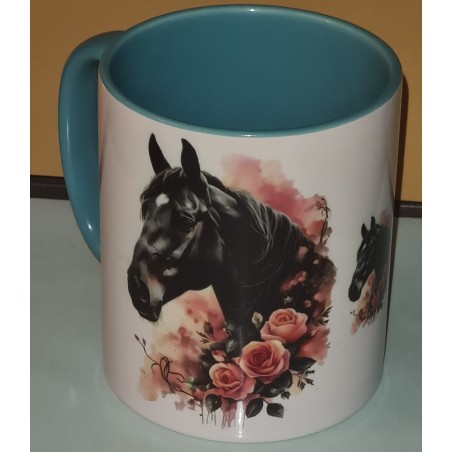 Keramiktasse mit Aufdruck "Pferdekopf mit Rosen"