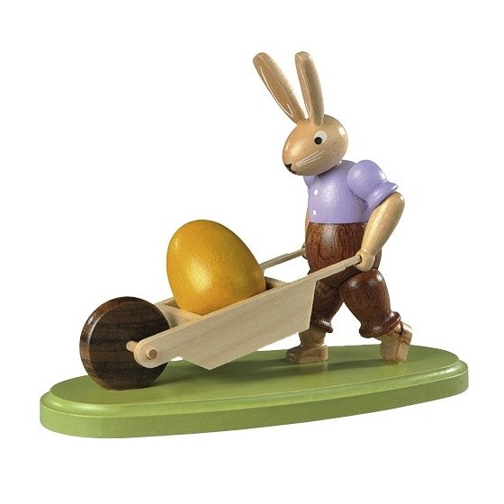 Hase mit Schubkarre farbig lasiert, klein, 11cm